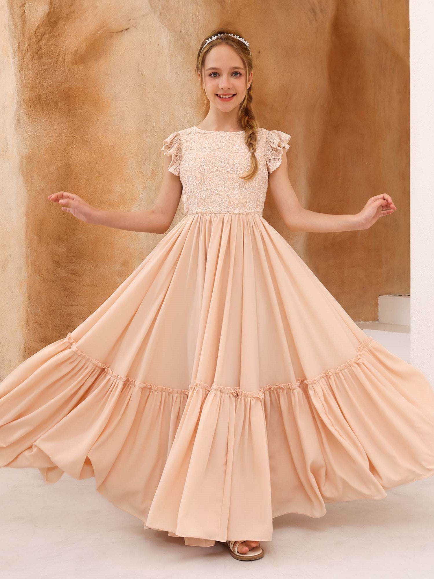 A-Line/Princess Lace Short Sleeves Scoop Neck Floor-Length Flower Girl Dresses