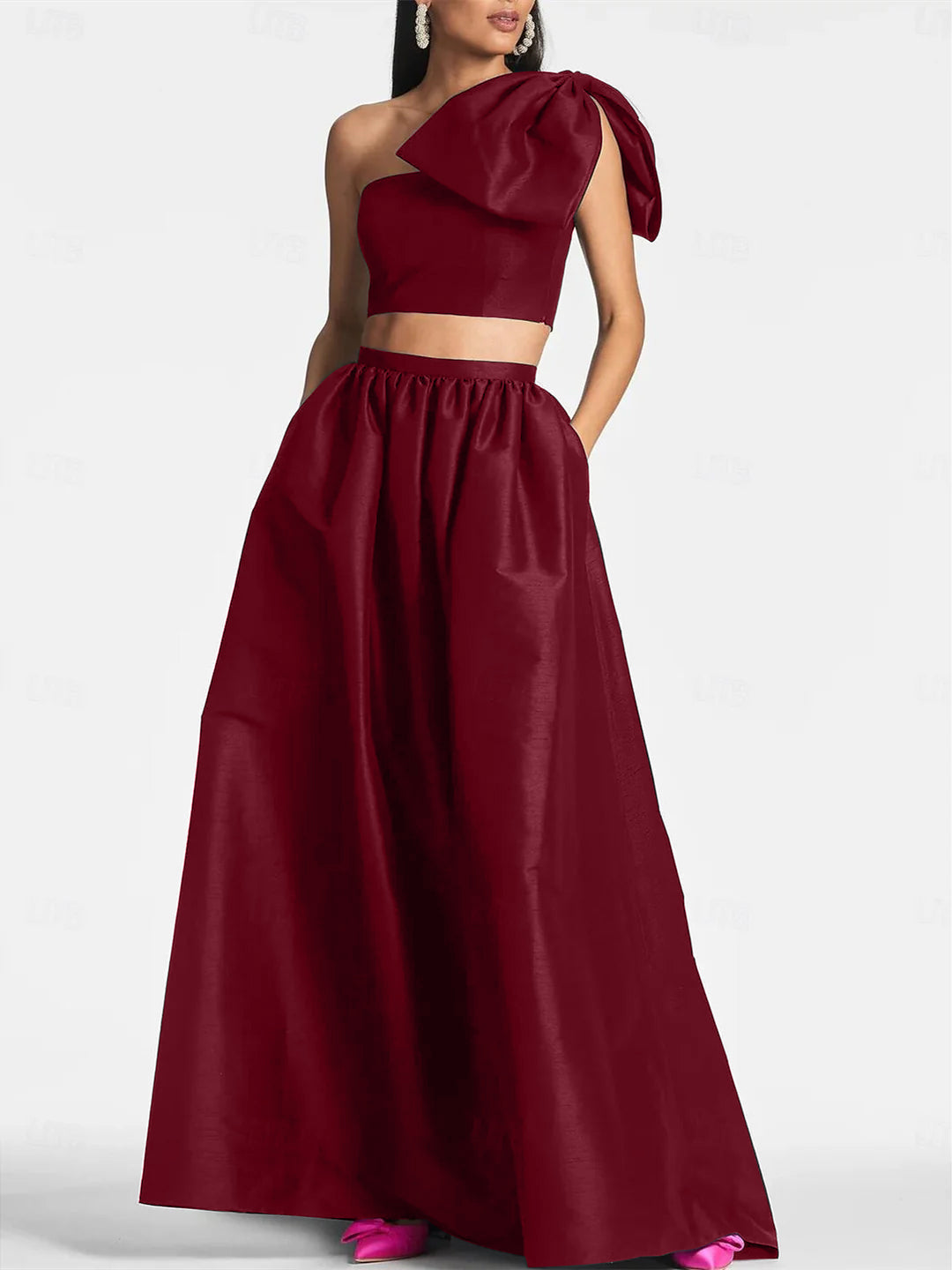 A-Line/Princess One Shoulder Floor Length Sleeveless Wedding Guest Dresses Satin with Tie Pocket Bow(s)