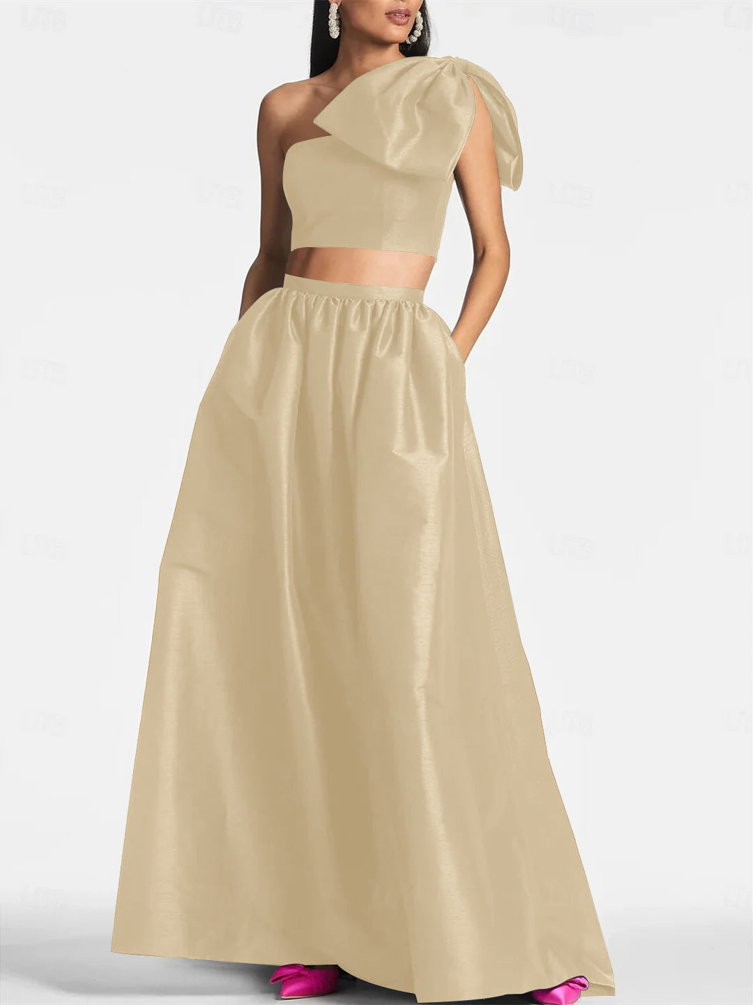 A-Line/Princess One Shoulder Floor Length Sleeveless Wedding Guest Dresses Satin with Tie Pocket Bow(s)
