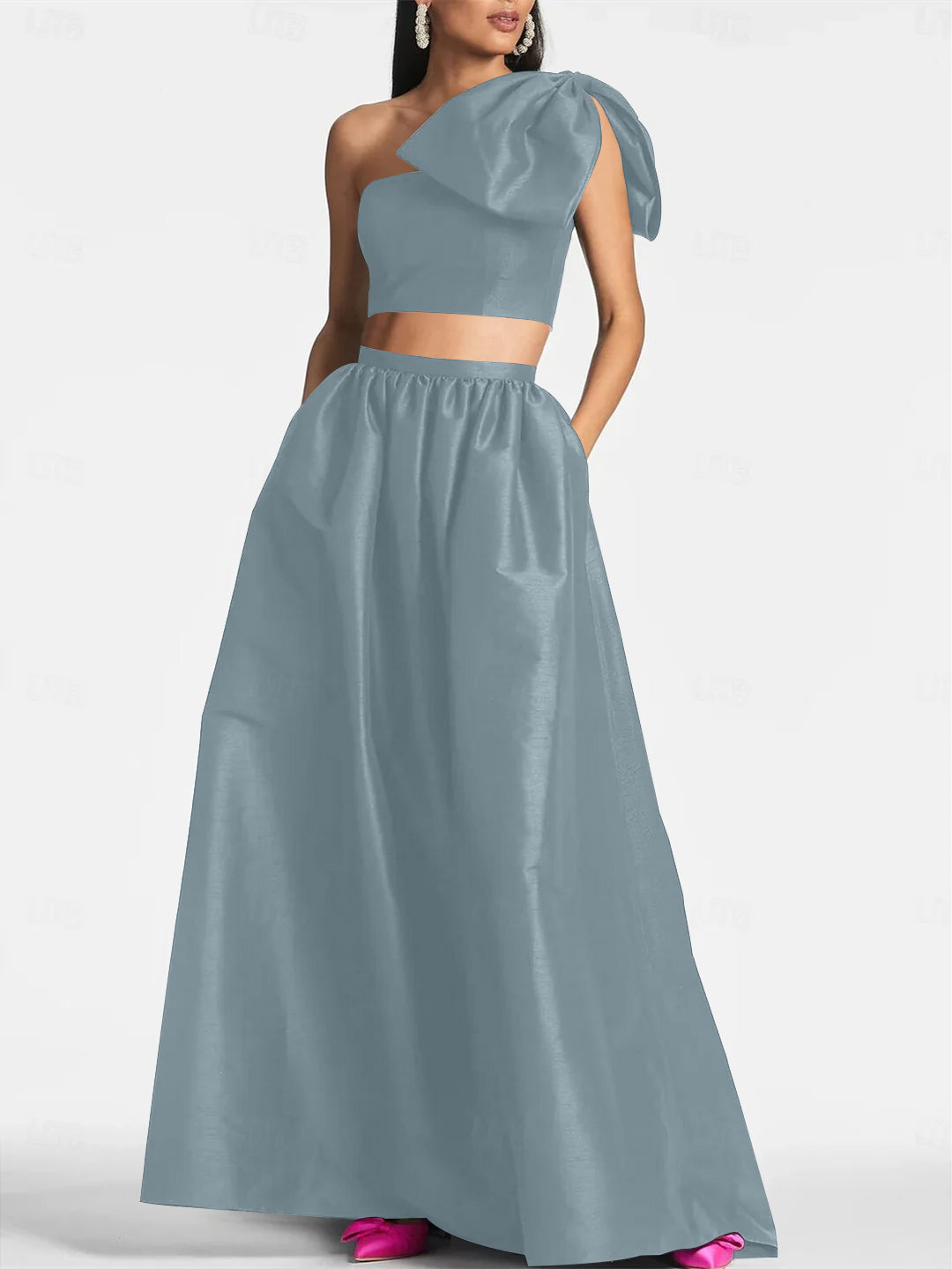 A-Line/Princess One Shoulder Floor Length Sleeveless Wedding Guest Dresses Satin with Tie Pocket Bow(s)