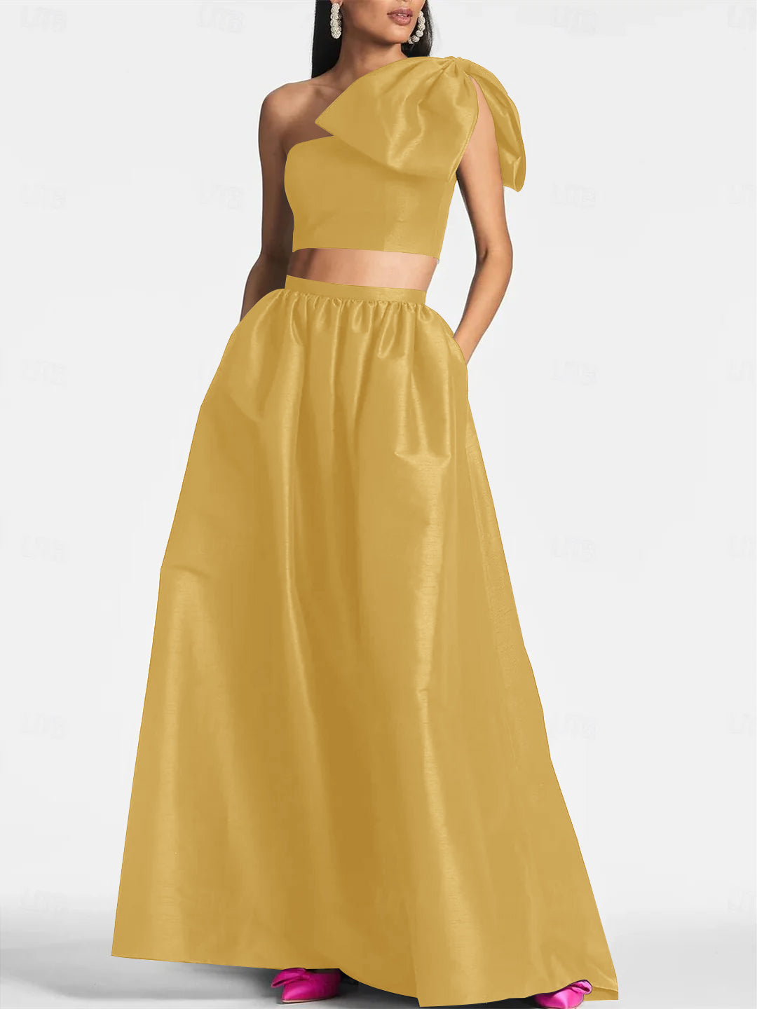 A-Line/Princess One Shoulder Floor Length Sleeveless Wedding Guest Dresses Satin with Tie Pocket Bow(s)