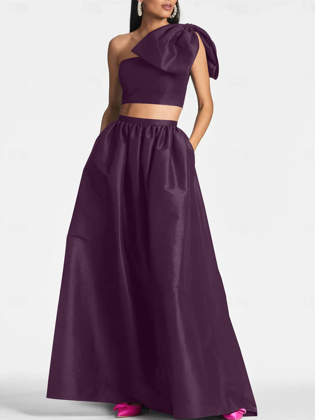 A-Line/Princess One Shoulder Floor Length Sleeveless Wedding Guest Dresses Satin with Tie Pocket Bow(s)