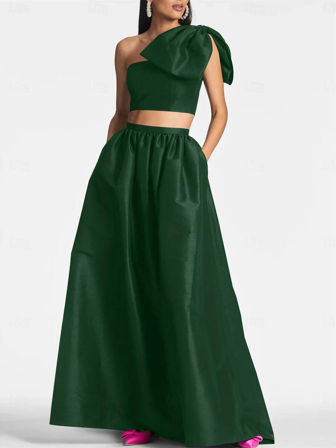A-Line/Princess One Shoulder Floor Length Sleeveless Wedding Guest Dresses Satin with Tie Pocket Bow(s)