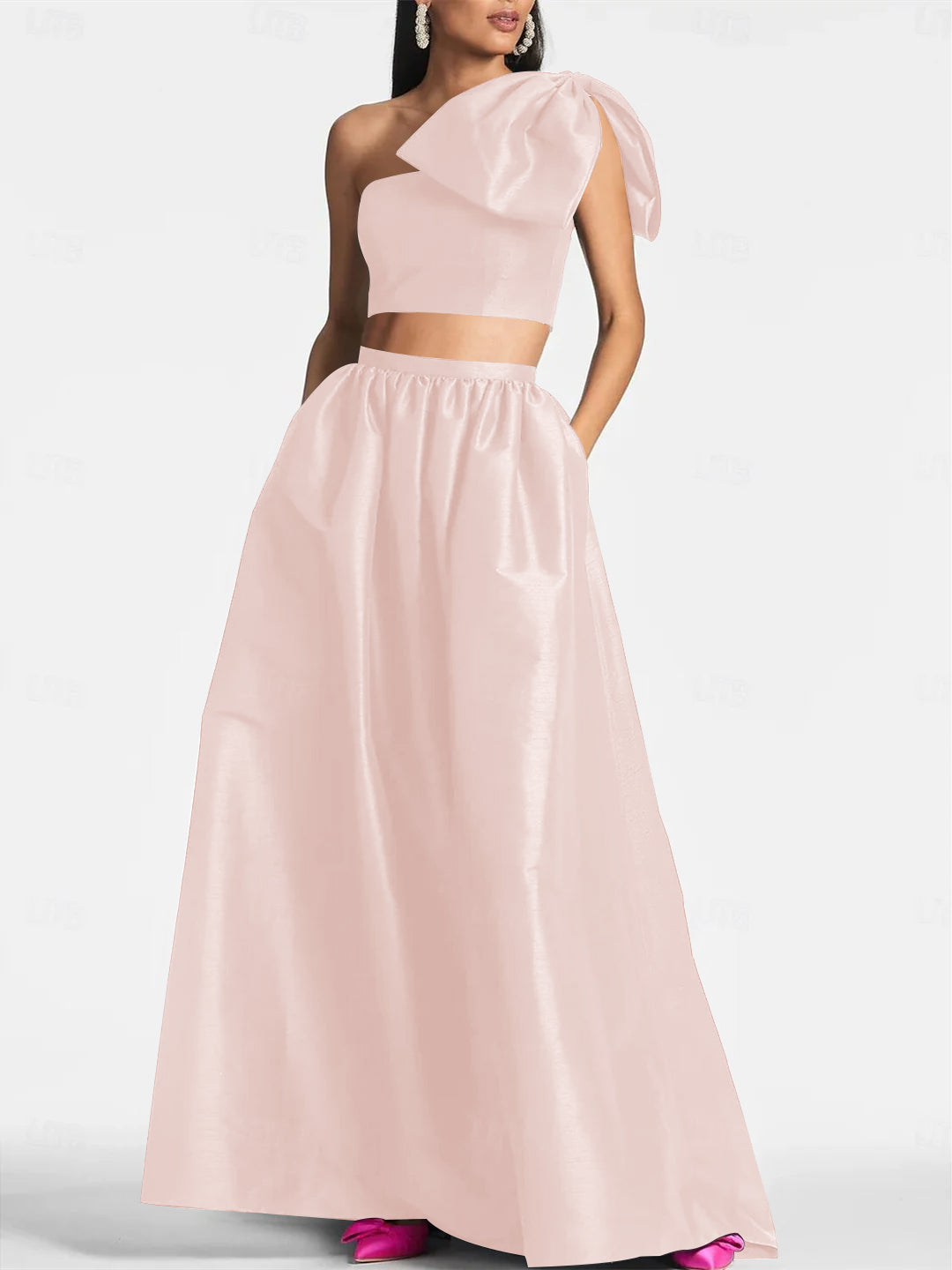 A-Line/Princess One Shoulder Floor Length Sleeveless Wedding Guest Dresses Satin with Tie Pocket Bow(s)