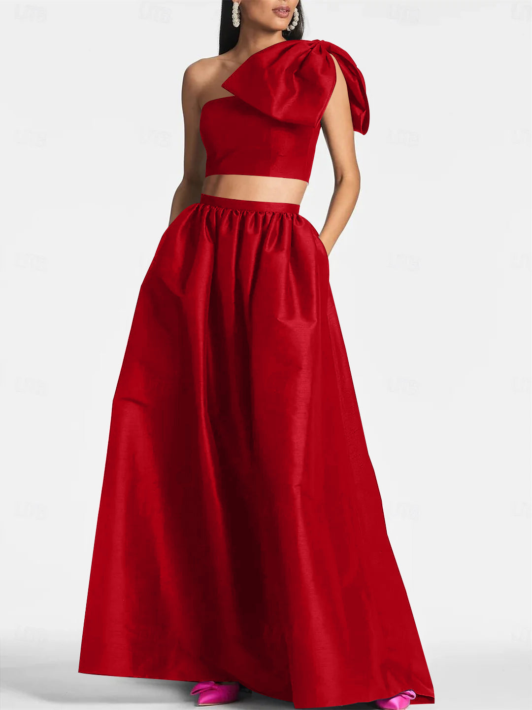 A-Line/Princess One Shoulder Floor Length Sleeveless Wedding Guest Dresses Satin with Tie Pocket Bow(s)
