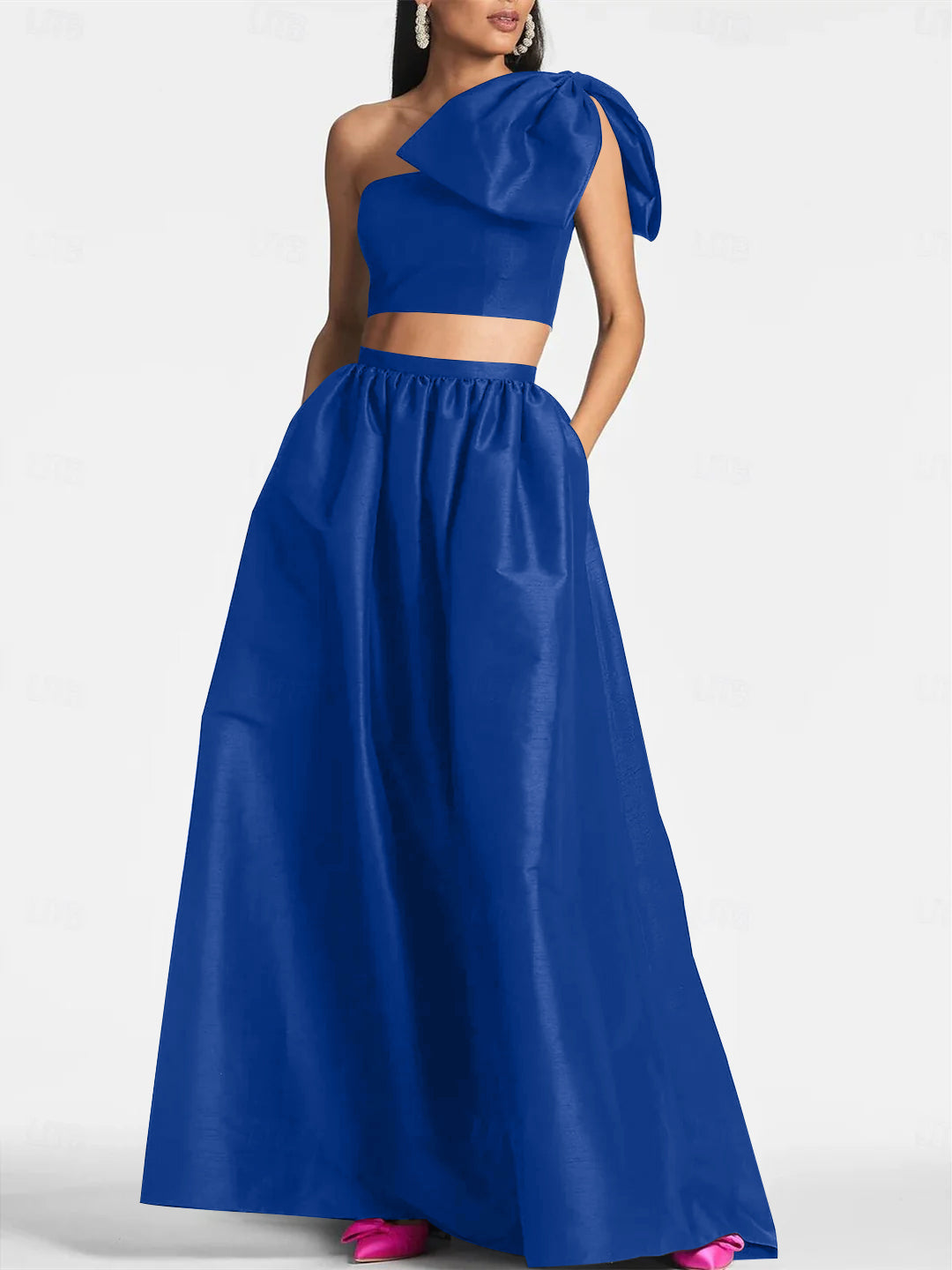 A-Line/Princess One Shoulder Floor Length Sleeveless Wedding Guest Dresses Satin with Tie Pocket Bow(s)