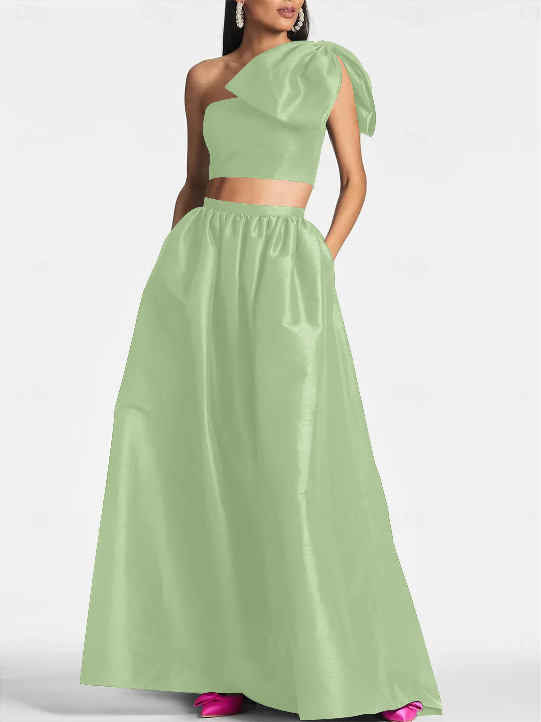 A-Line/Princess One Shoulder Floor Length Sleeveless Wedding Guest Dresses Satin with Tie Pocket Bow(s)