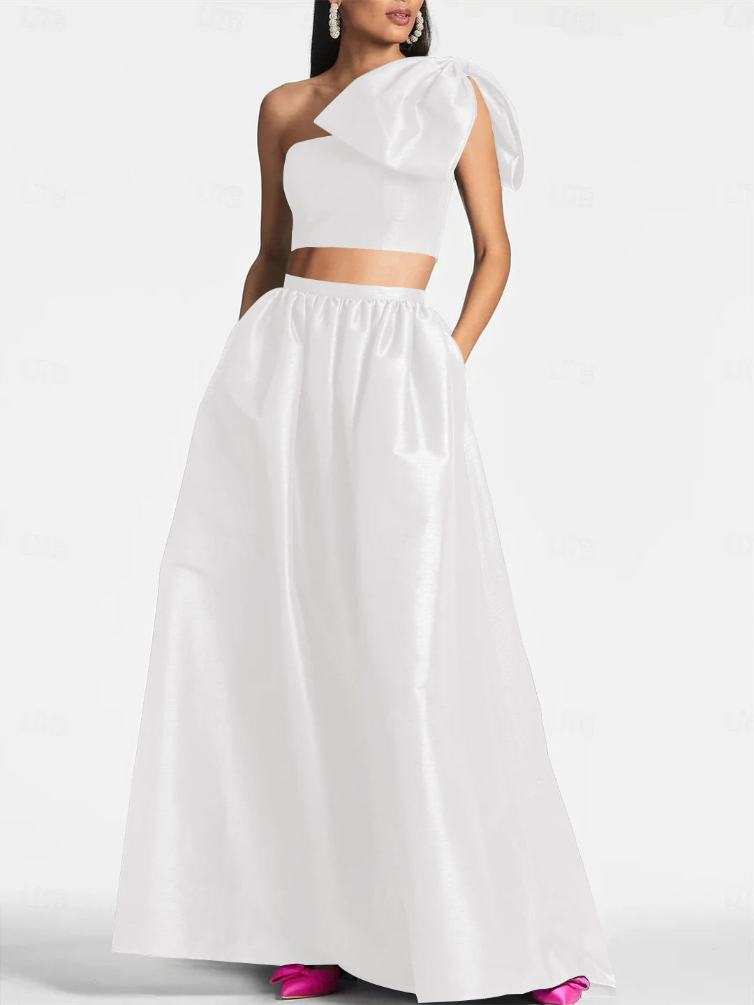 A-Line/Princess One Shoulder Floor Length Sleeveless Wedding Guest Dresses Satin with Tie Pocket Bow(s)