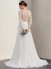 A-Line/Princess Deep V-Neck Long Sleeves Floor-Length Unique Wedding Dress with Lace Appliques