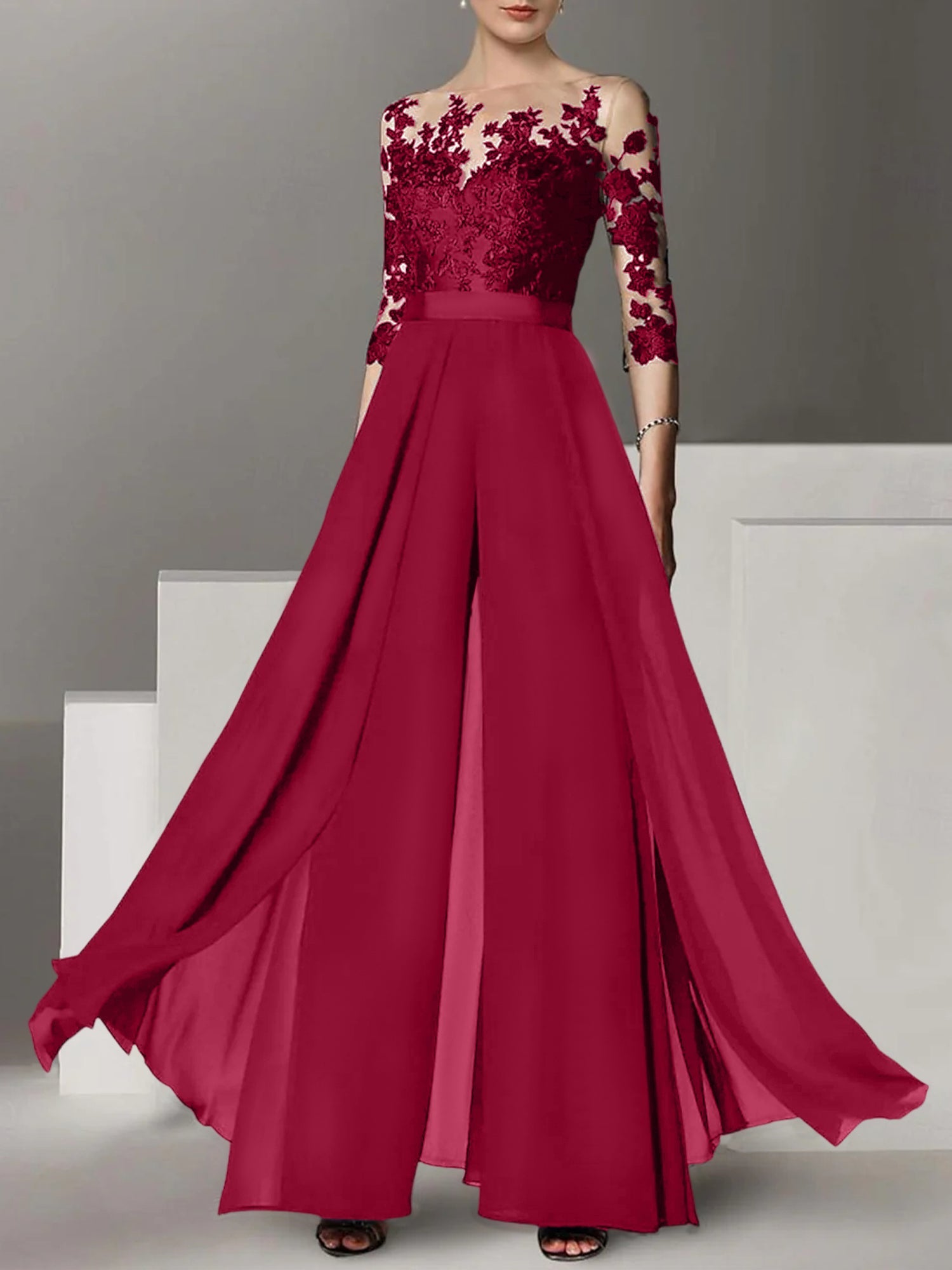 A-Line/Princess Jewel Neck 3/4 Length Sleeves Floor-Length Mother of the Bride Pantsuits with Applique