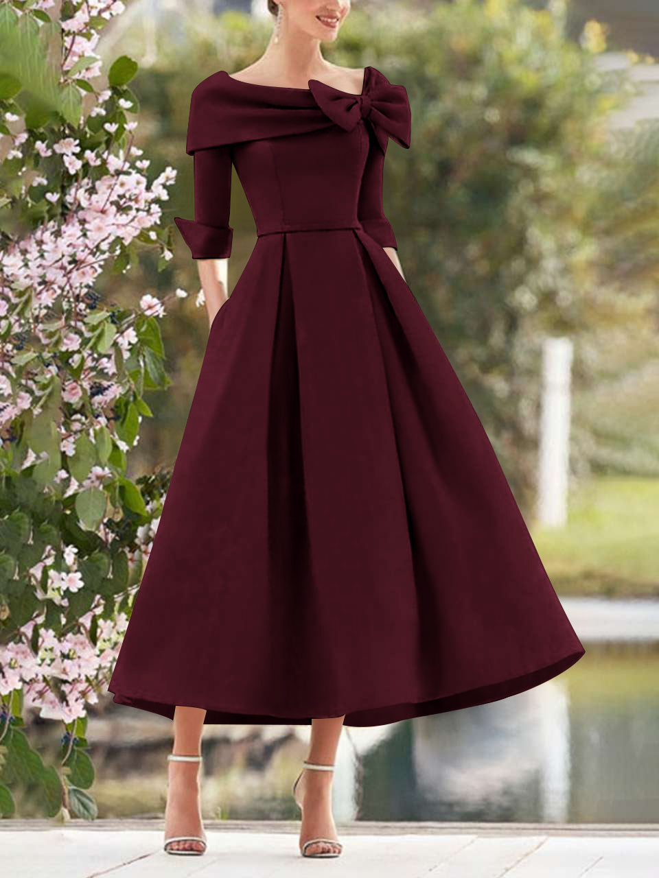 A-Line/Princess Cowl Neck Bow(s) 3/4 Sleeves Tea Length Elegant Mother of the Bride & Groom Dresses
