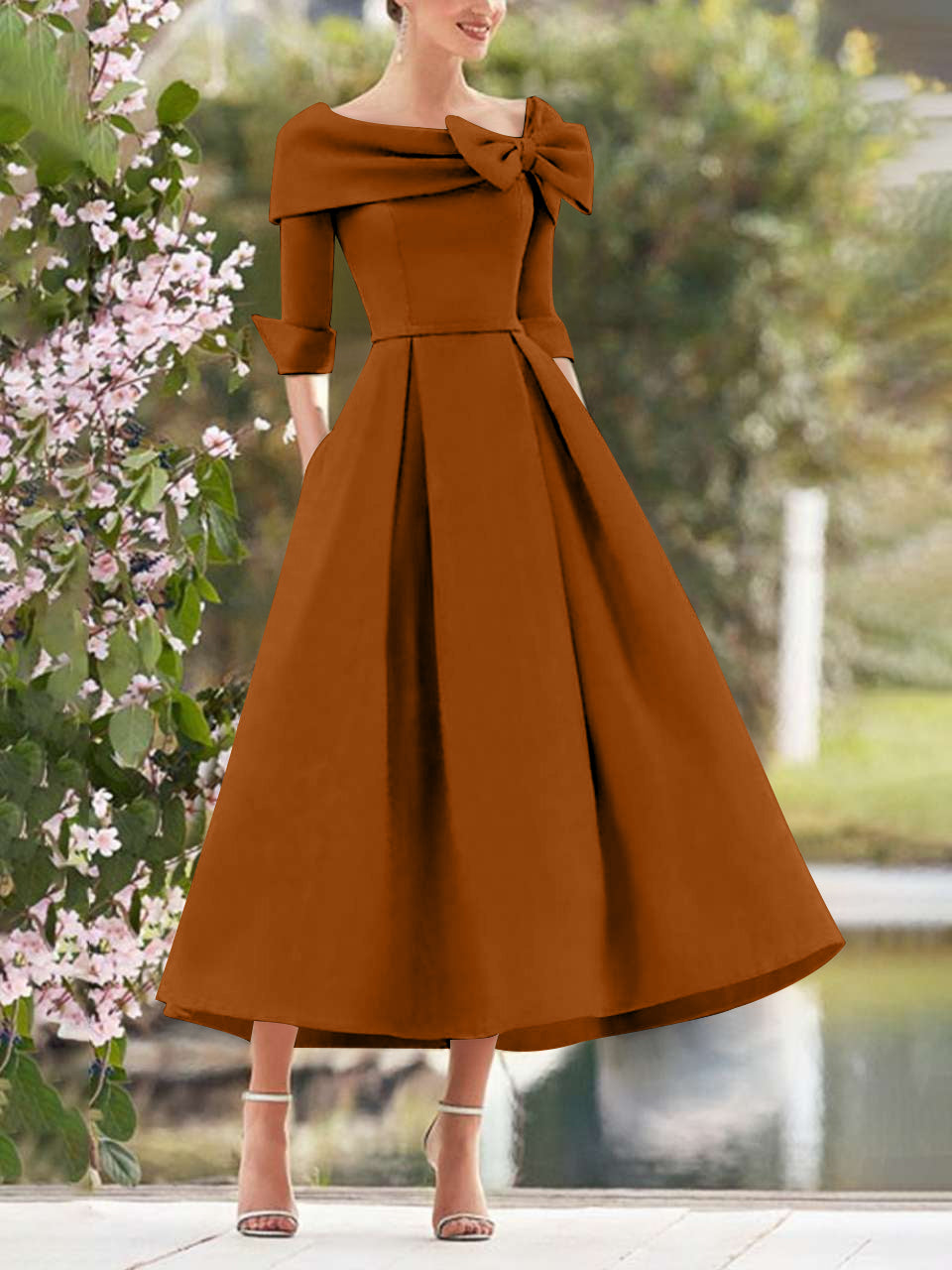 A-Line/Princess Cowl Neck Bow(s) 3/4 Sleeves Tea Length Elegant Mother of the Bride & Groom Dresses