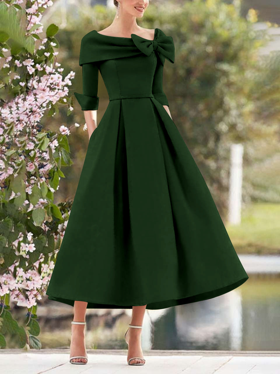 A-Line/Princess Cowl Neck Bow(s) 3/4 Sleeves Tea Length Elegant Mother of the Bride & Groom Dresses