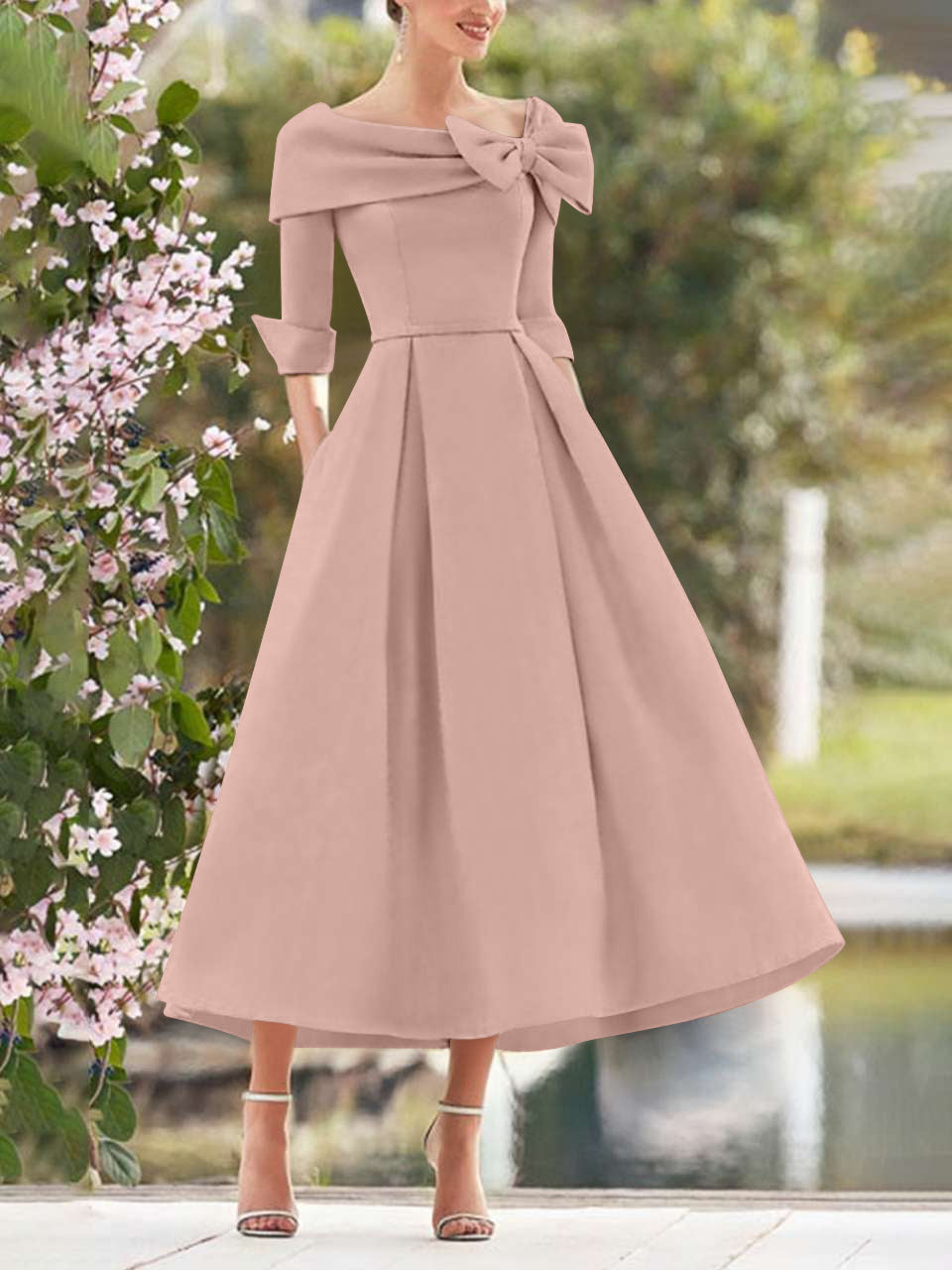 A-Line/Princess Cowl Neck Bow(s) 3/4 Sleeves Tea Length Elegant Mother of the Bride & Groom Dresses