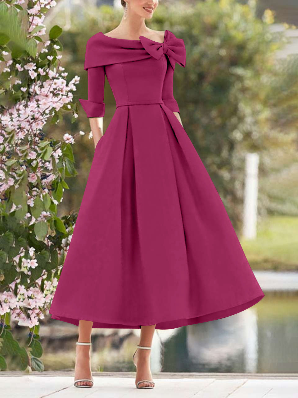 A-Line/Princess Cowl Neck Bow(s) 3/4 Sleeves Tea Length Elegant Mother of the Bride & Groom Dresses