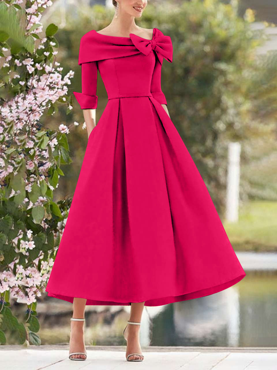 A-Line/Princess Cowl Neck Bow(s) 3/4 Sleeves Tea Length Elegant Mother of the Bride & Groom Dresses