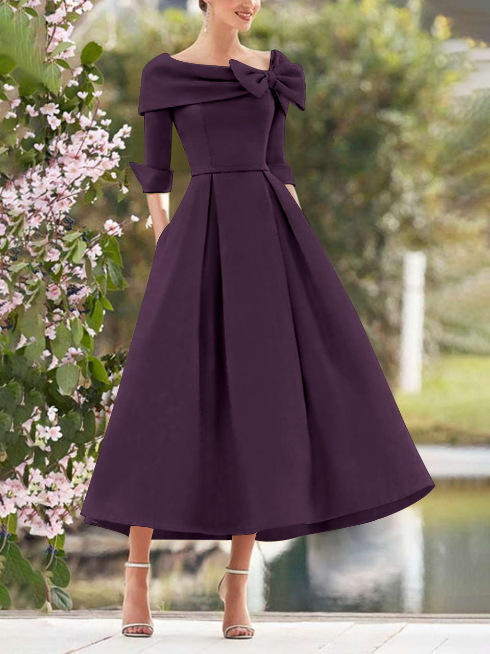 A-Line/Princess Cowl Neck Bow(s) 3/4 Sleeves Tea Length Elegant Mother of the Bride & Groom Dresses