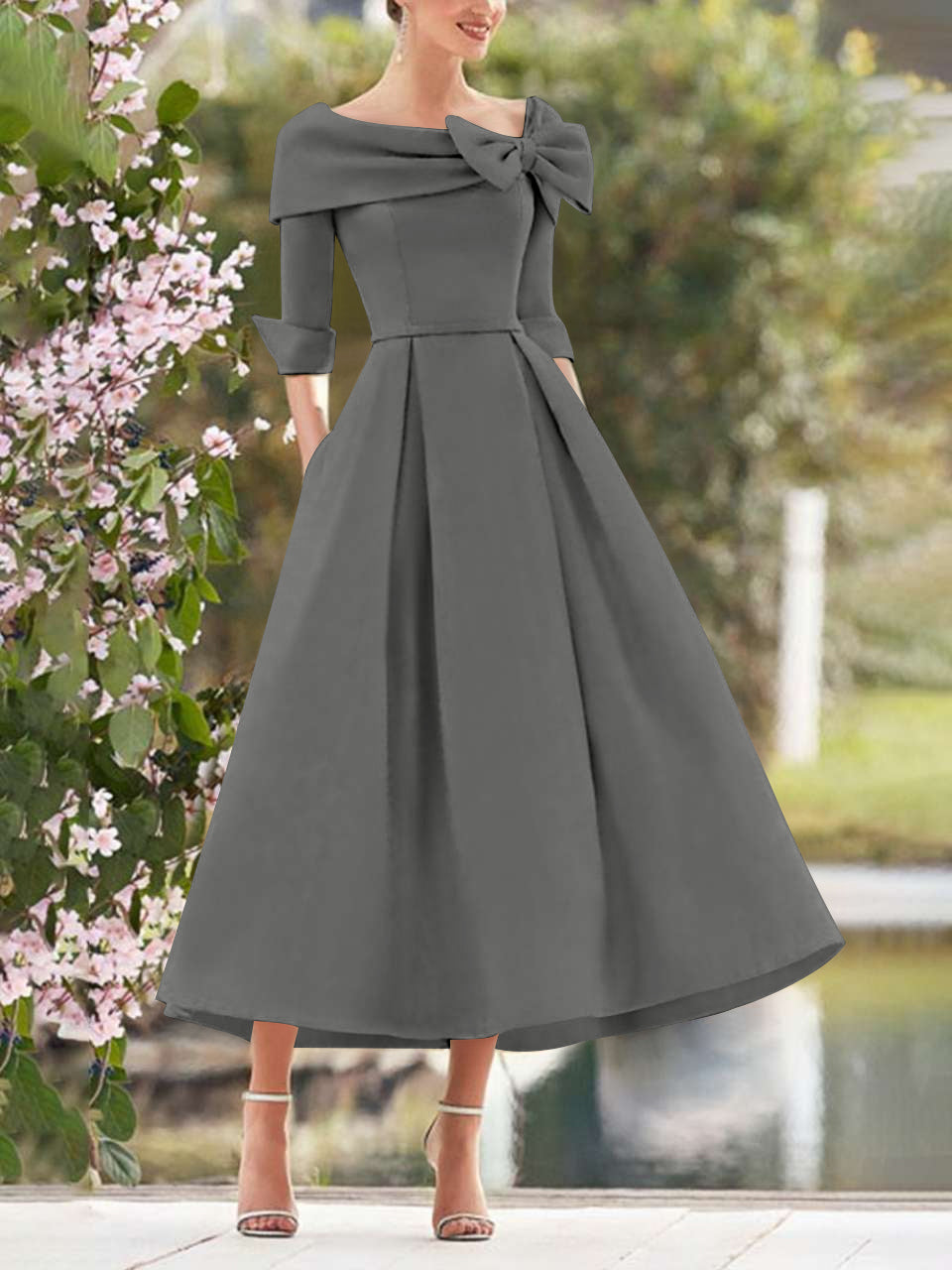 A-Line/Princess Cowl Neck Bow(s) 3/4 Sleeves Tea Length Elegant Mother of the Bride & Groom Dresses
