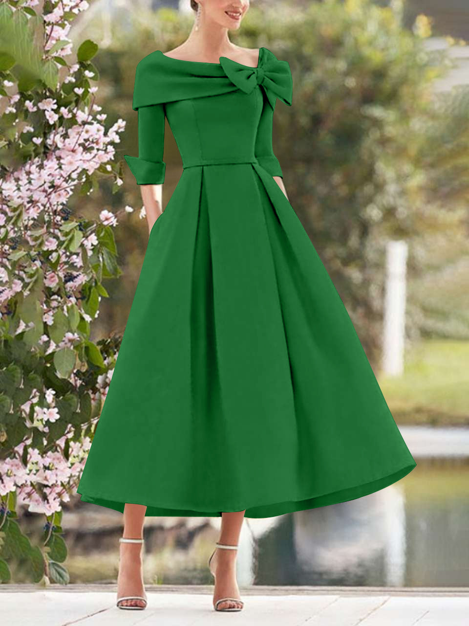 A-Line/Princess Cowl Neck Bow(s) 3/4 Sleeves Tea Length Elegant Mother of the Bride & Groom Dresses