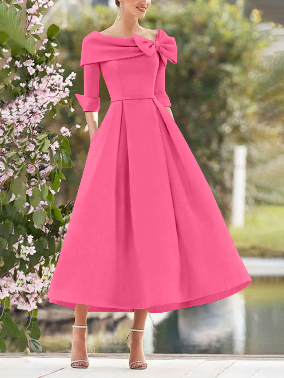 A-Line/Princess Cowl Neck Bow(s) 3/4 Sleeves Tea Length Elegant Mother of the Bride & Groom Dresses