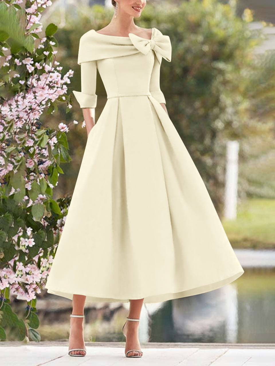 A-Line/Princess Cowl Neck Bow(s) 3/4 Sleeves Tea Length Elegant Mother of the Bride & Groom Dresses