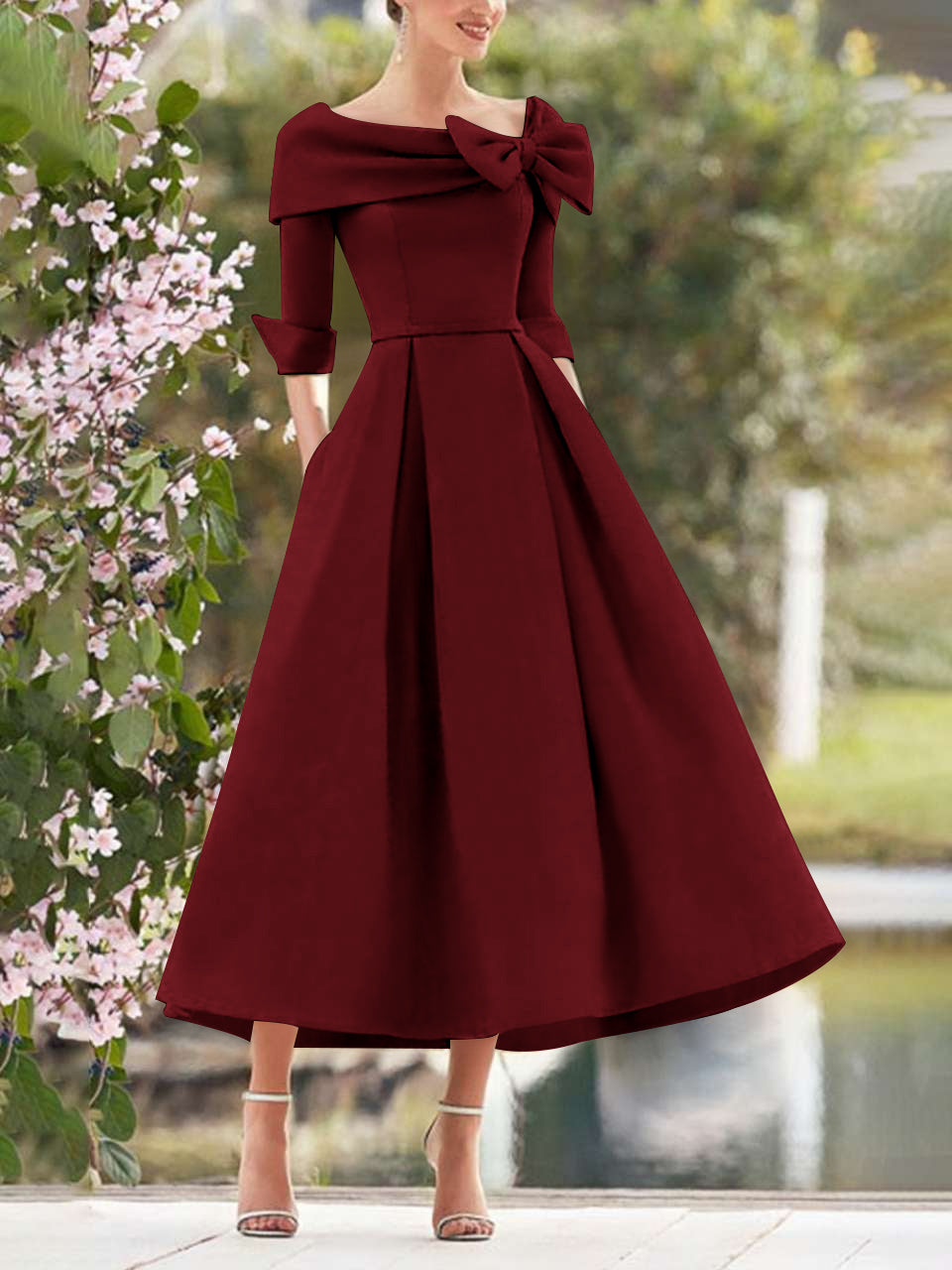 A-Line/Princess Cowl Neck Bow(s) 3/4 Sleeves Tea Length Elegant Mother of the Bride & Groom Dresses