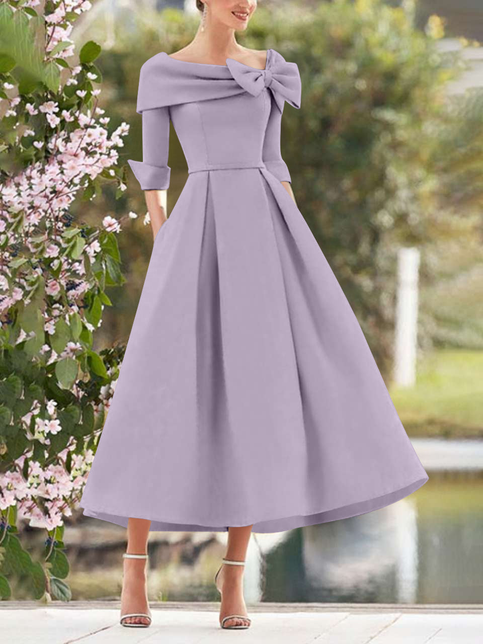 A-Line/Princess Cowl Neck Bow(s) 3/4 Sleeves Tea Length Elegant Mother of the Bride & Groom Dresses