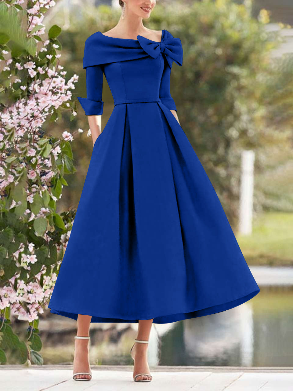 A-Line/Princess Cowl Neck Bow(s) 3/4 Sleeves Tea Length Elegant Mother of the Bride & Groom Dresses