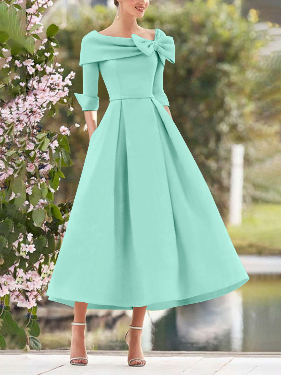 A-Line/Princess Cowl Neck Bow(s) 3/4 Sleeves Tea Length Elegant Mother of the Bride & Groom Dresses