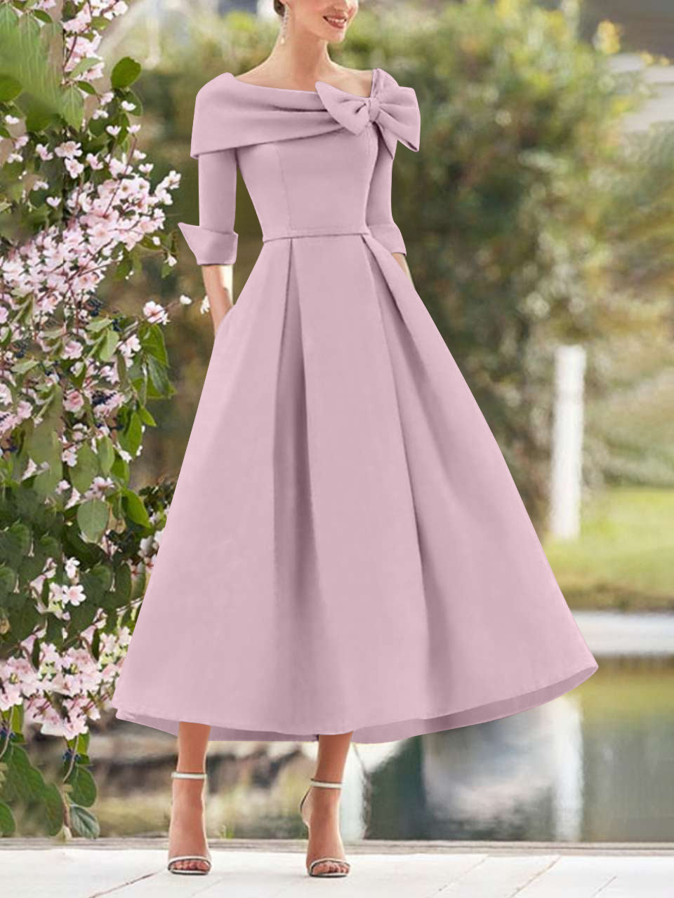 A-Line/Princess Cowl Neck Bow(s) 3/4 Sleeves Tea Length Elegant Mother of the Bride & Groom Dresses