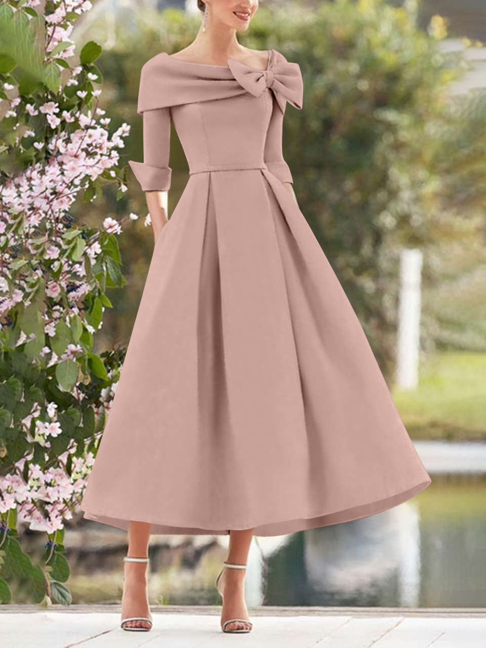 A-Line/Princess Cowl Neck Bow(s) 3/4 Sleeves Tea Length Elegant Mother of the Bride & Groom Dresses