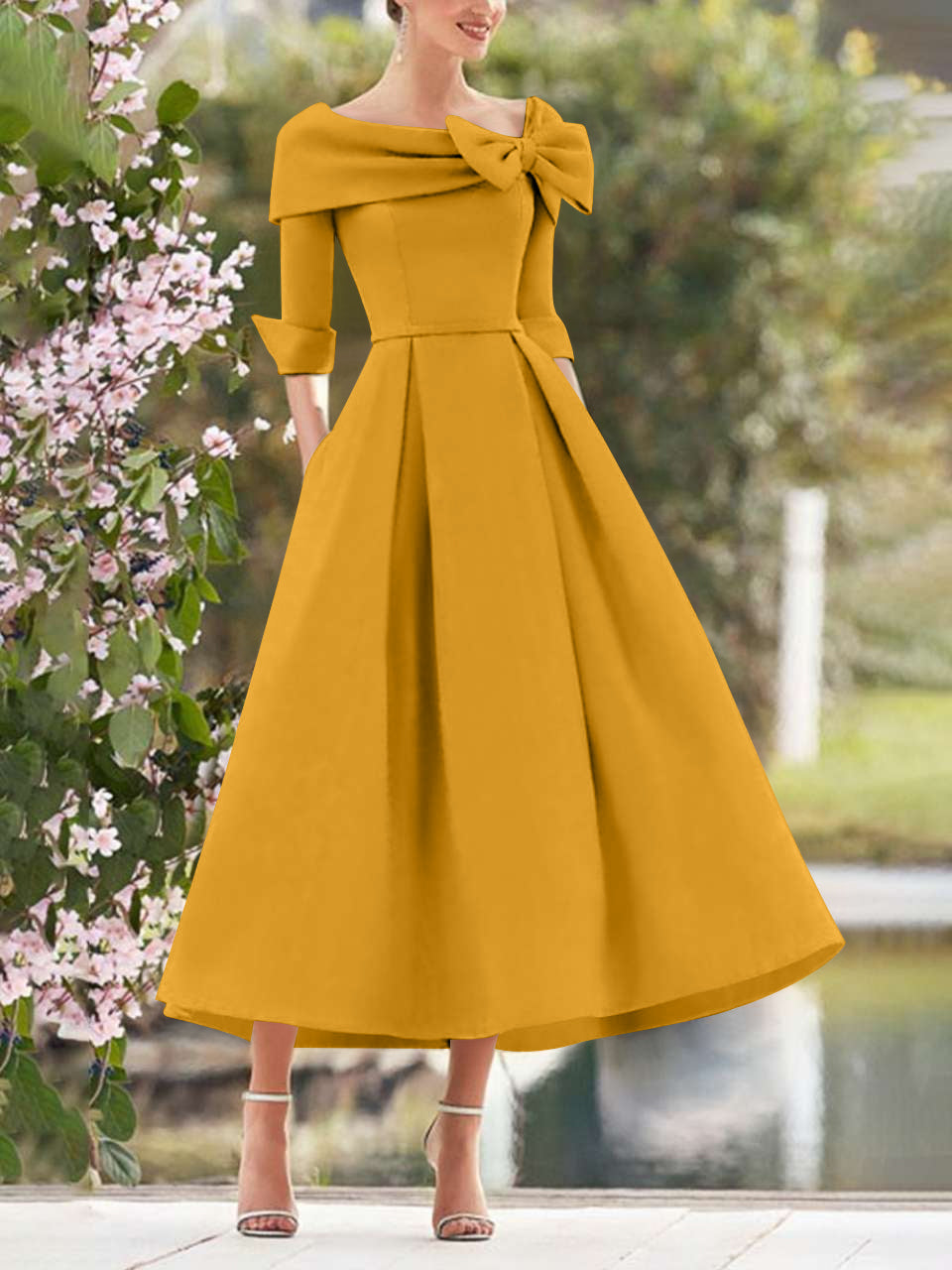 A-Line/Princess Cowl Neck Bow(s) 3/4 Sleeves Tea Length Elegant Mother of the Bride & Groom Dresses