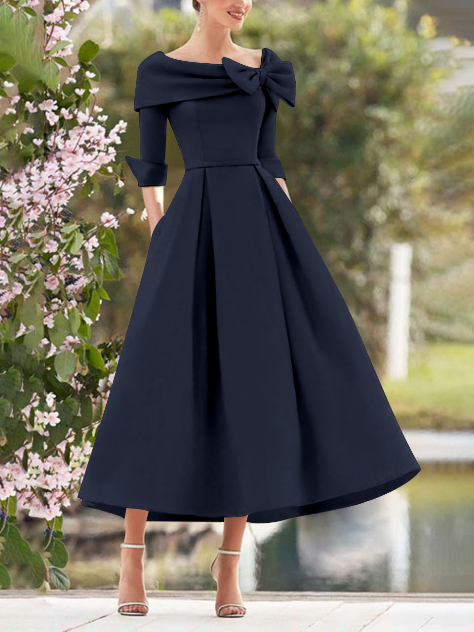 A-Line/Princess Cowl Neck Bow(s) 3/4 Sleeves Tea Length Elegant Mother of the Bride & Groom Dresses