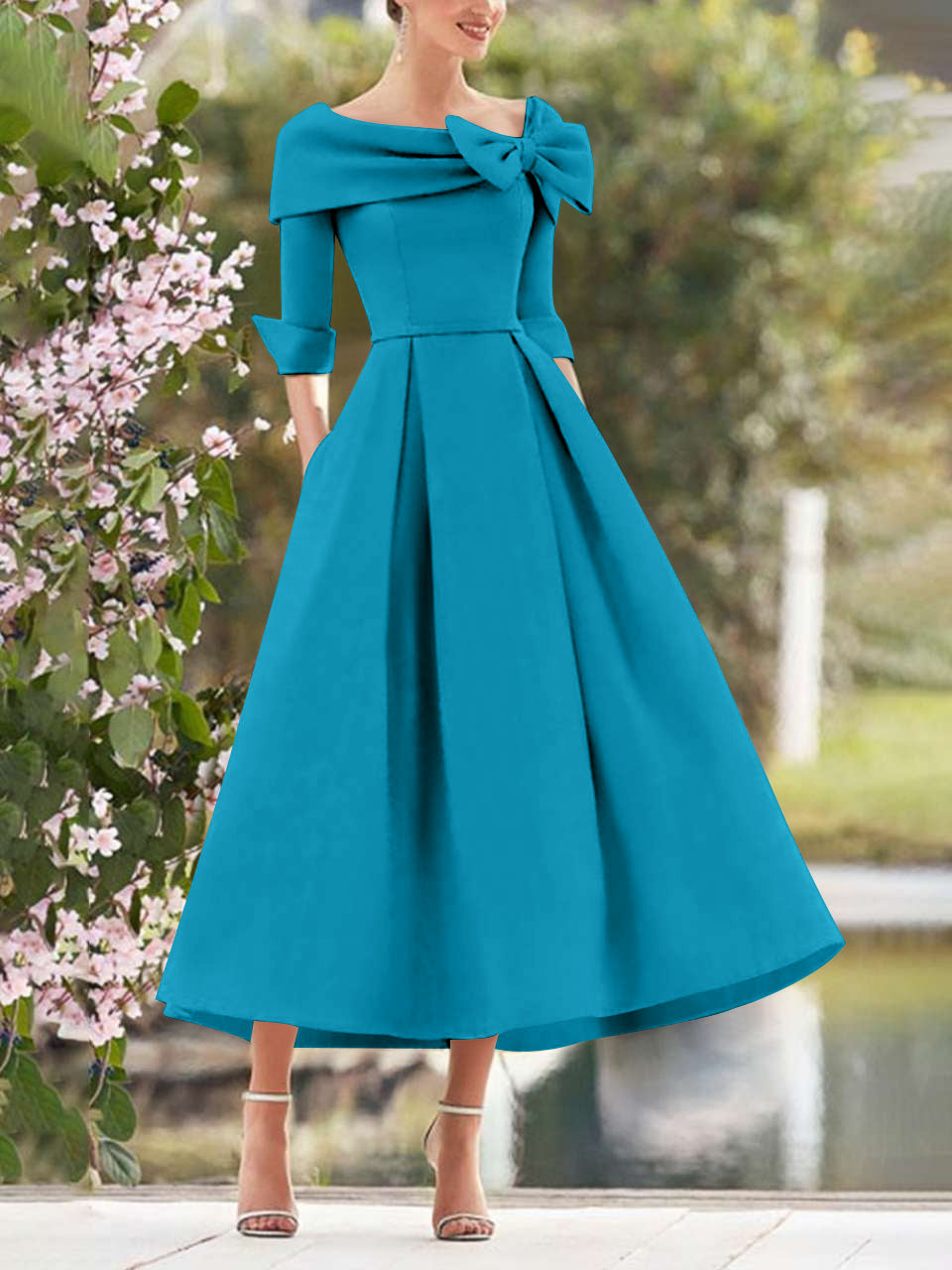 A-Line/Princess Cowl Neck Bow(s) 3/4 Sleeves Tea Length Elegant Mother of the Bride & Groom Dresses