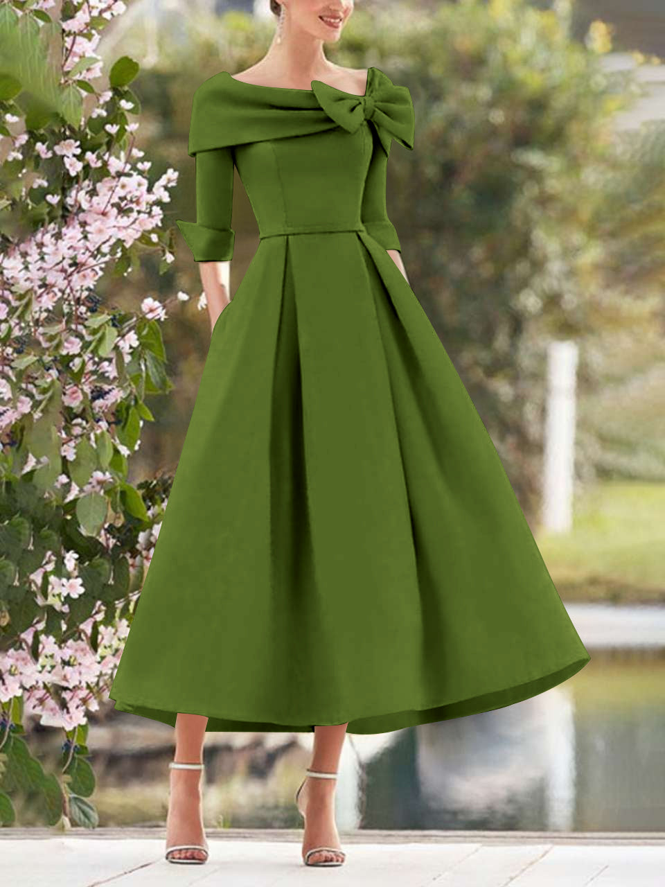 A-Line/Princess Cowl Neck Bow(s) 3/4 Sleeves Tea Length Elegant Mother of the Bride & Groom Dresses