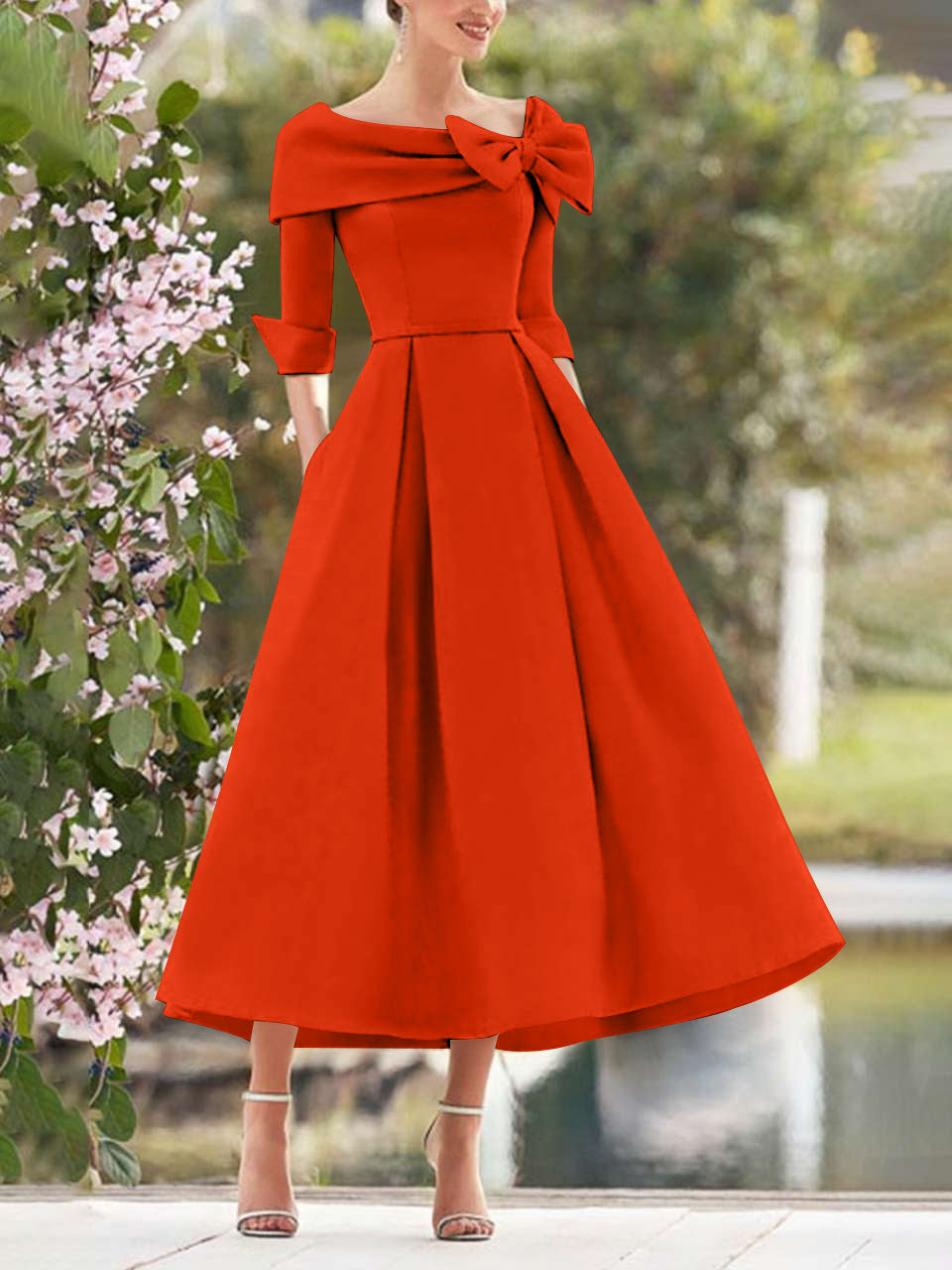 A-Line/Princess Cowl Neck Bow(s) 3/4 Sleeves Tea Length Elegant Mother of the Bride & Groom Dresses