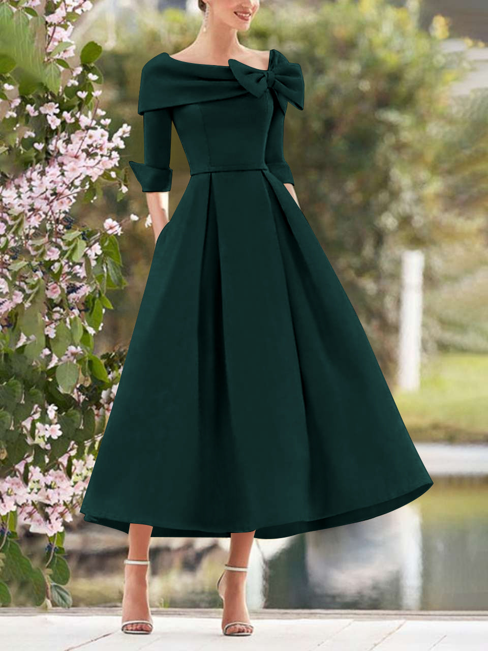 A-Line/Princess Cowl Neck Bow(s) 3/4 Sleeves Tea Length Elegant Mother of the Bride & Groom Dresses