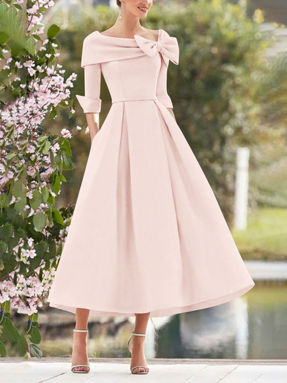 A-Line/Princess Cowl Neck Bow(s) 3/4 Sleeves Tea Length Elegant Mother of the Bride & Groom Dresses