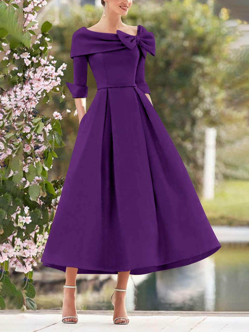 A-Line/Princess Cowl Neck Bow(s) 3/4 Sleeves Tea Length Elegant Mother of the Bride & Groom Dresses