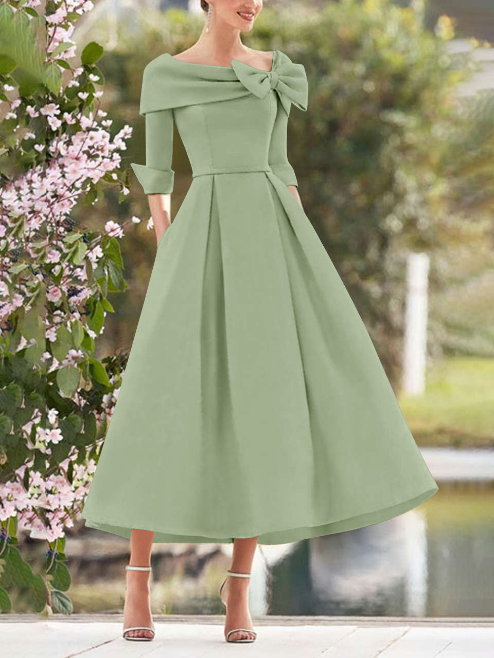 A-Line/Princess Cowl Neck Bow(s) 3/4 Sleeves Tea Length Elegant Mother of the Bride & Groom Dresses