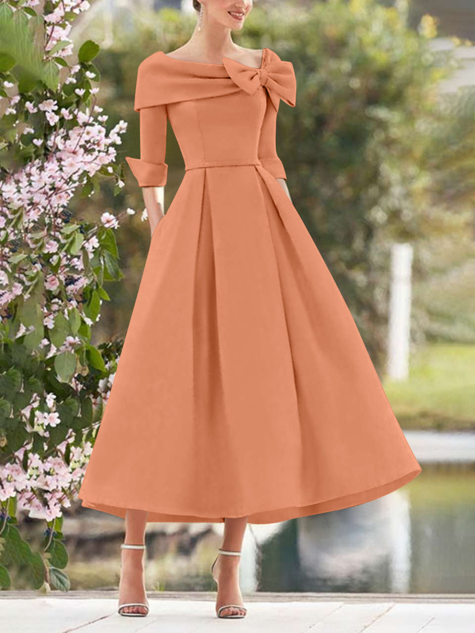 A-Line/Princess Cowl Neck Bow(s) 3/4 Sleeves Tea Length Elegant Mother of the Bride & Groom Dresses