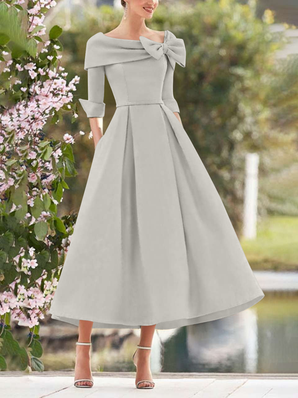 A-Line/Princess Cowl Neck Bow(s) 3/4 Sleeves Tea Length Elegant Mother of the Bride & Groom Dresses