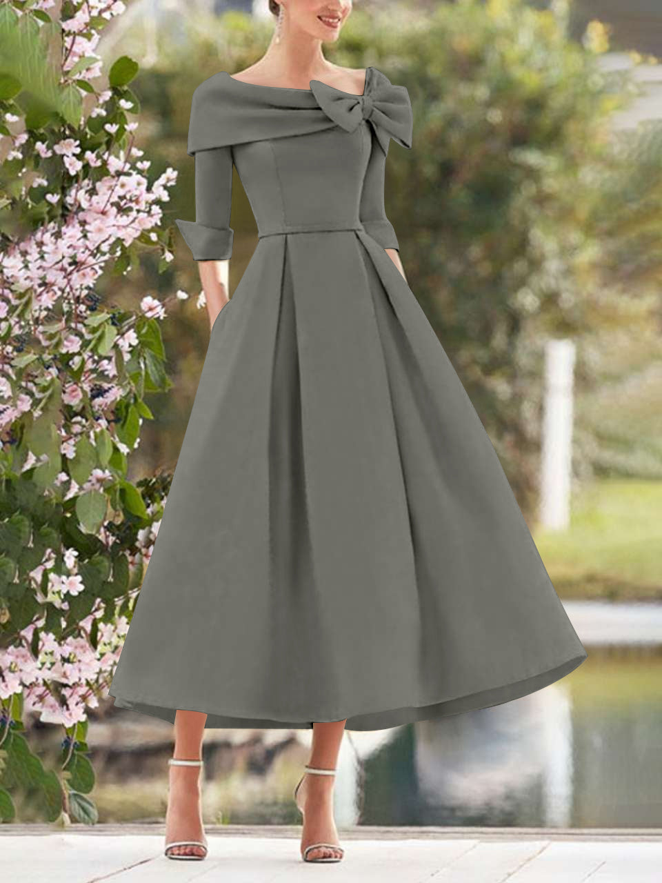 A-Line/Princess Cowl Neck Bow(s) 3/4 Sleeves Tea Length Elegant Mother of the Bride & Groom Dresses