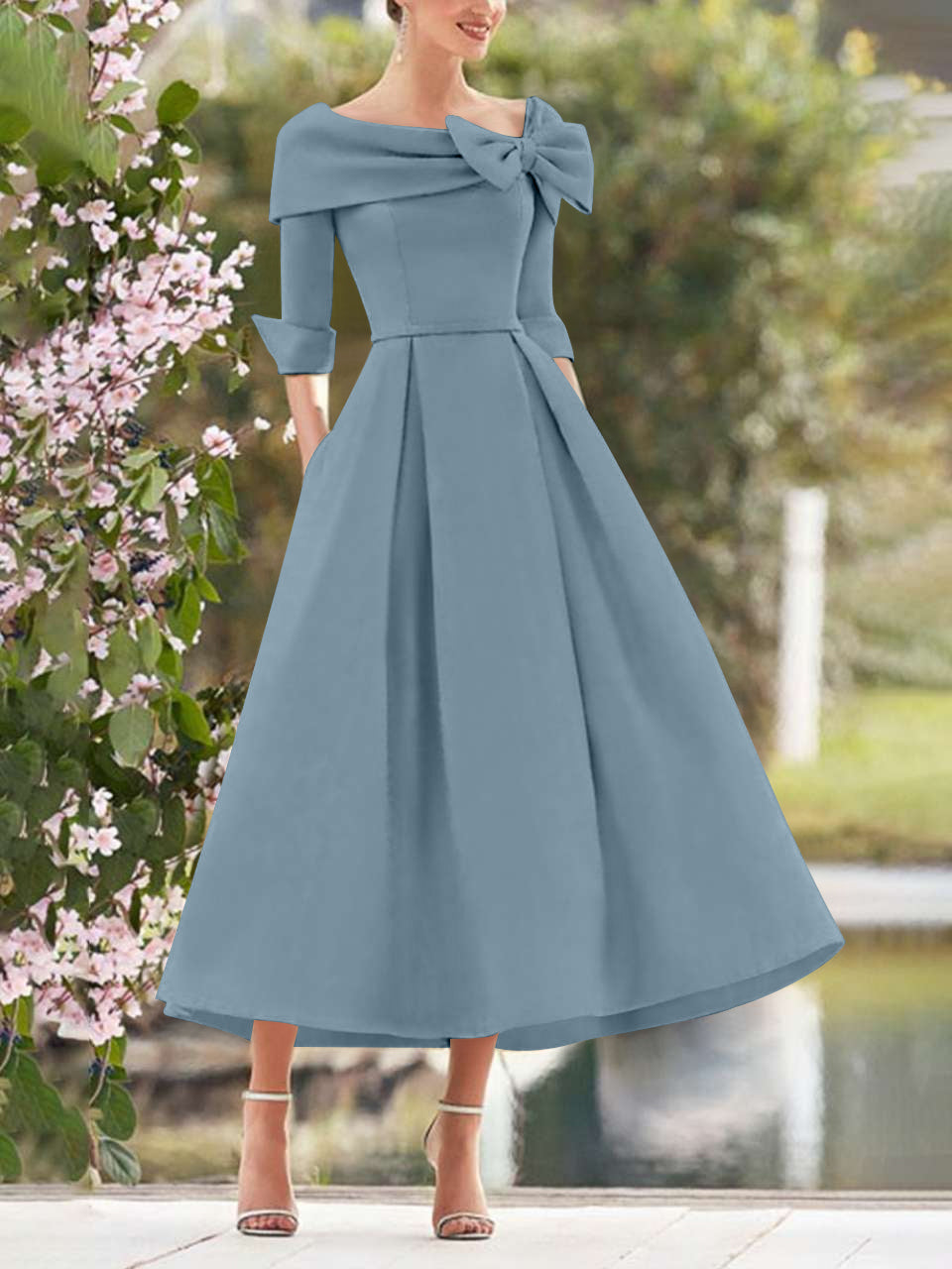A-Line/Princess Cowl Neck Bow(s) 3/4 Sleeves Tea Length Elegant Mother of the Bride & Groom Dresses