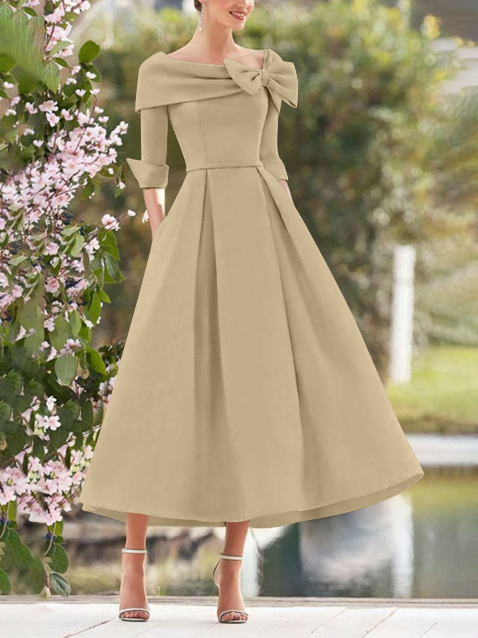 A-Line/Princess Cowl Neck Bow(s) 3/4 Sleeves Tea Length Elegant Mother of the Bride & Groom Dresses