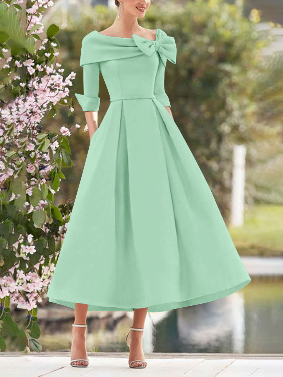 A-Line/Princess Cowl Neck Bow(s) 3/4 Sleeves Tea Length Elegant Mother of the Bride & Groom Dresses