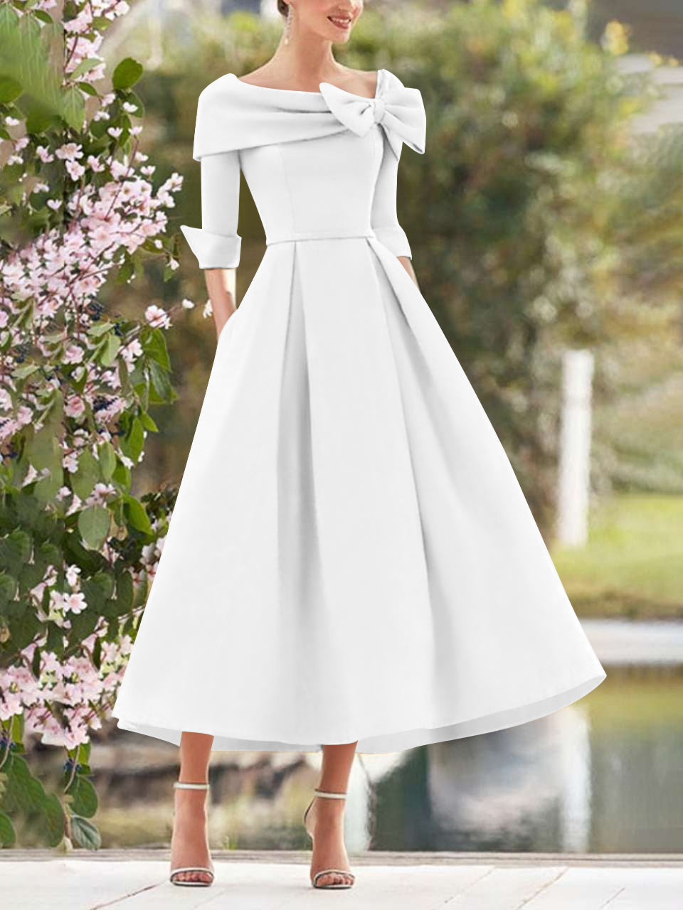 A-Line/Princess Cowl Neck Bow(s) 3/4 Sleeves Tea Length Elegant Mother of the Bride & Groom Dresses