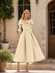 A-Line/Princess Cowl Neck Bow(s) 3/4 Sleeves Tea Length Elegant Mother of the Bride & Groom Dresses