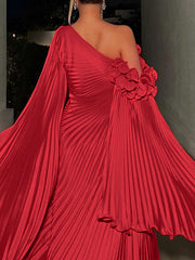 A-Line/Princess One-Shoulder Long Sleeves Floor-Length Plus Size Evening Dresses