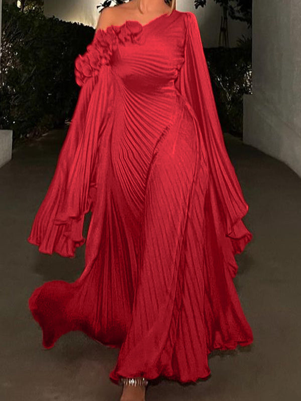 A-Line/Princess One-Shoulder Long Sleeves Floor-Length Plus Size Evening Dresses